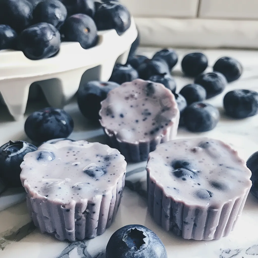 Side perspective of colorful Blueberry Greek Yogurt Bites in a tray.