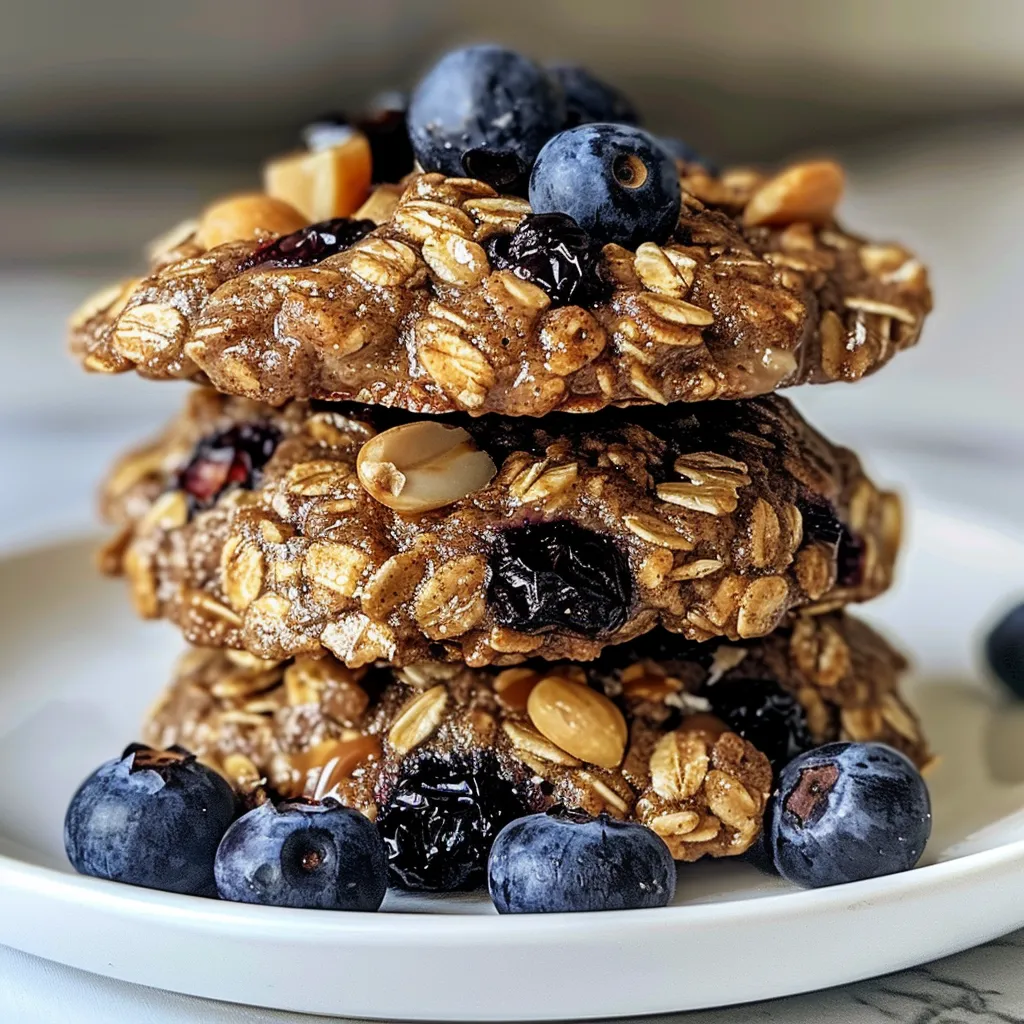 Side view of deliciously baked blueberry oat cookies, showcasing their chewy texture and fruit pieces.