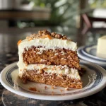 Close-up view of a moist carrot cake slice with visible grated carrots and walnuts.