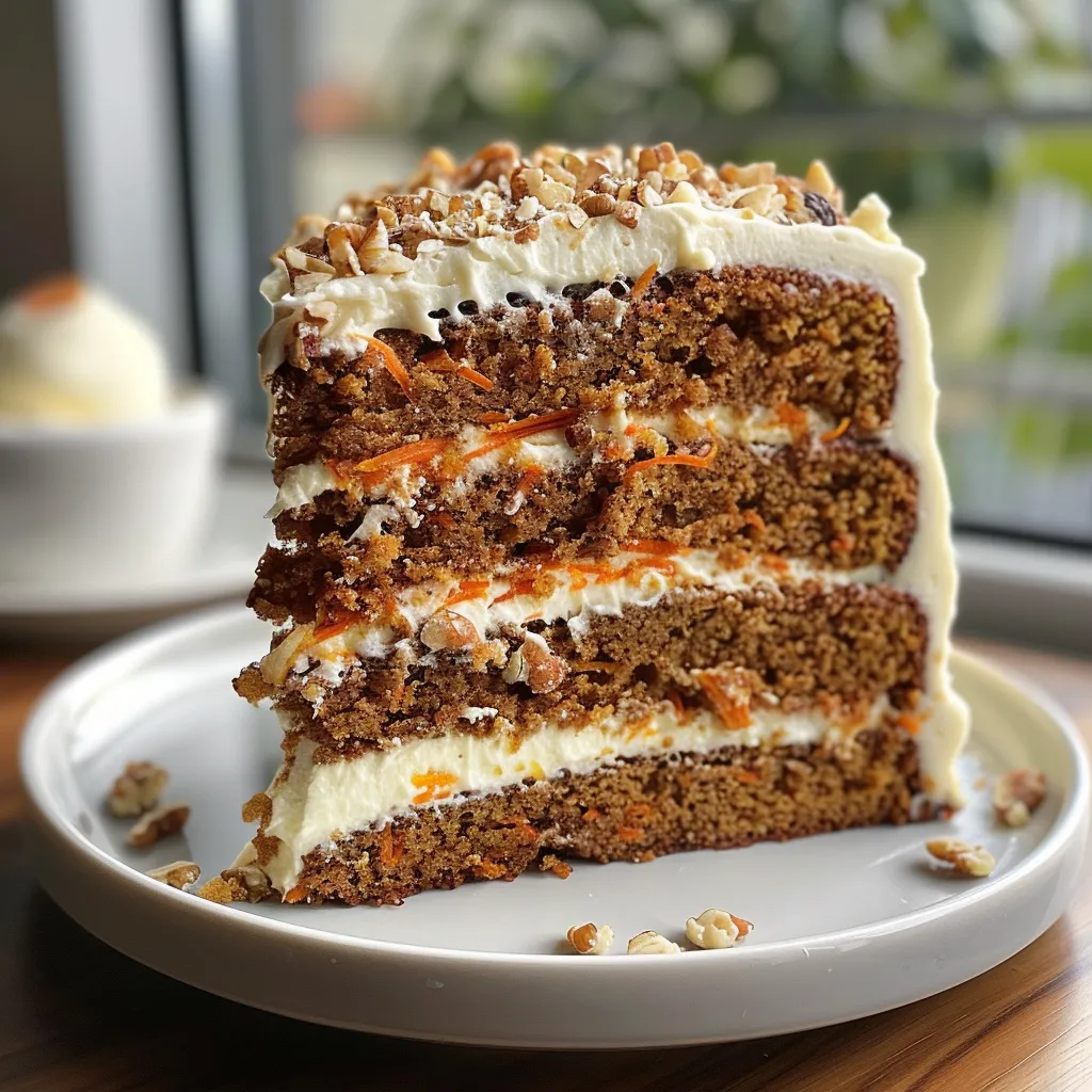 Side view of a delicious carrot cake slice topped with cream cheese frosting and nuts.
