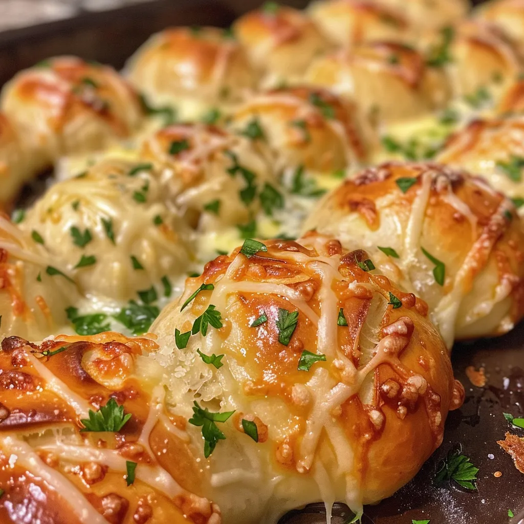 A side view of golden-brown garlic knots, oozing with melted cheese.
