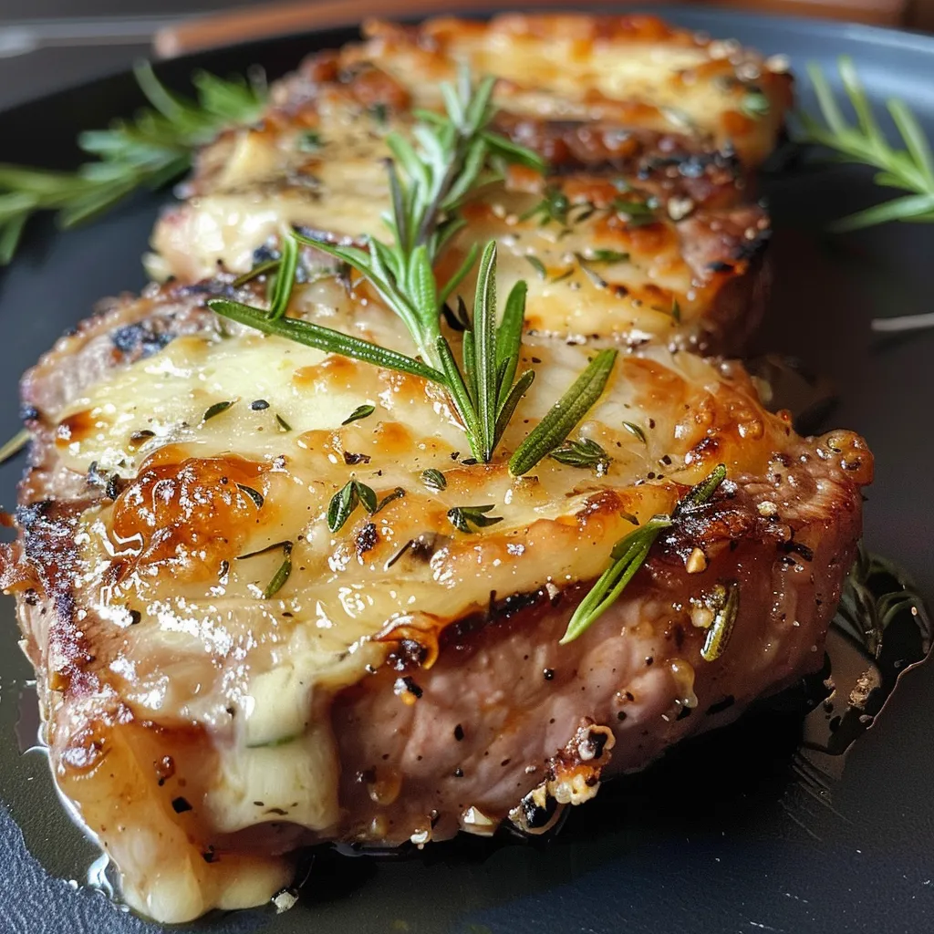 Side view of a golden-brown roasted pork steak filled with gooey cheese.