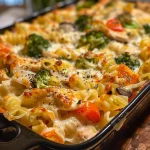 Close-up view of a cheesy chicken and vegetable pasta bake, showcasing melted cheese and pasta.