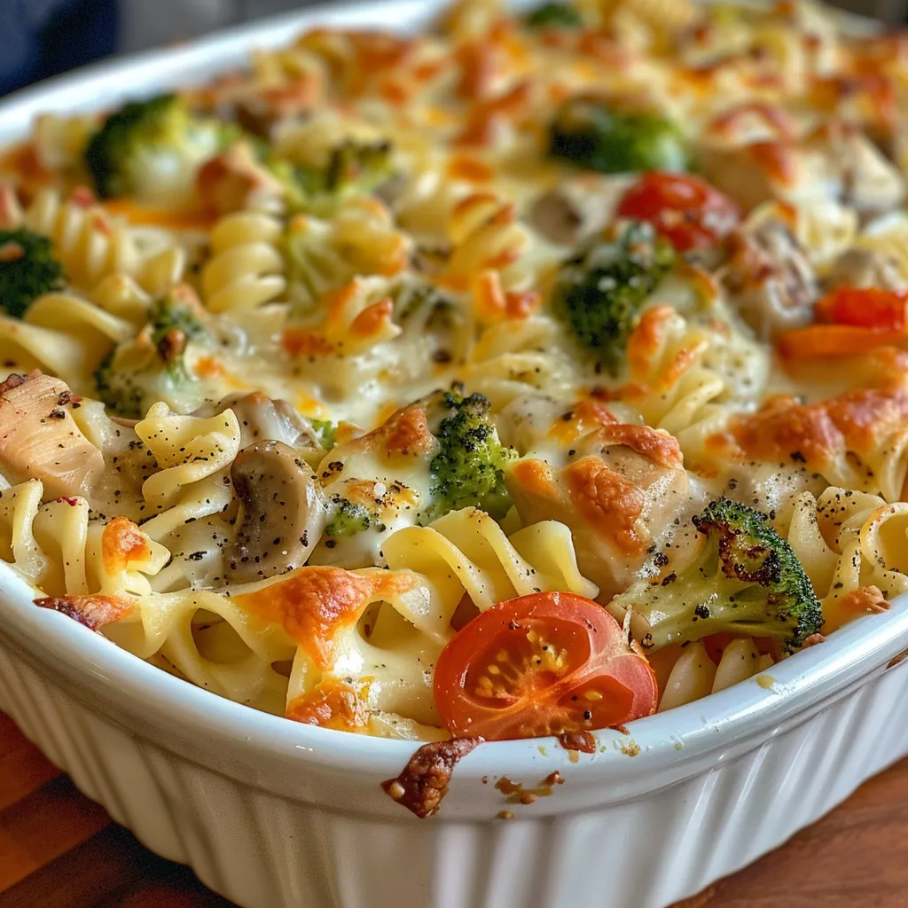 Side view of a creamy pasta bake with chunks of chicken, vegetables, and a golden cheese topping.