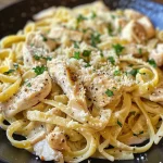Creamy Chicken Alfredo pasta dish with grilled chicken on top.