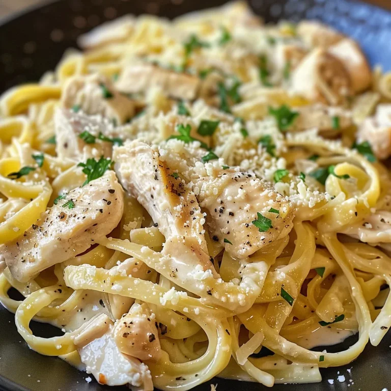 Creamy Chicken Alfredo pasta dish with grilled chicken on top.