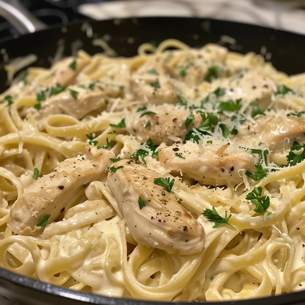 Close-up of a pasta bowl filled with Chicken Alfredo, garnished with parsley.