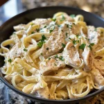 A close-up view of creamy Chicken Alfredo pasta with sliced chicken and parsley garnish.