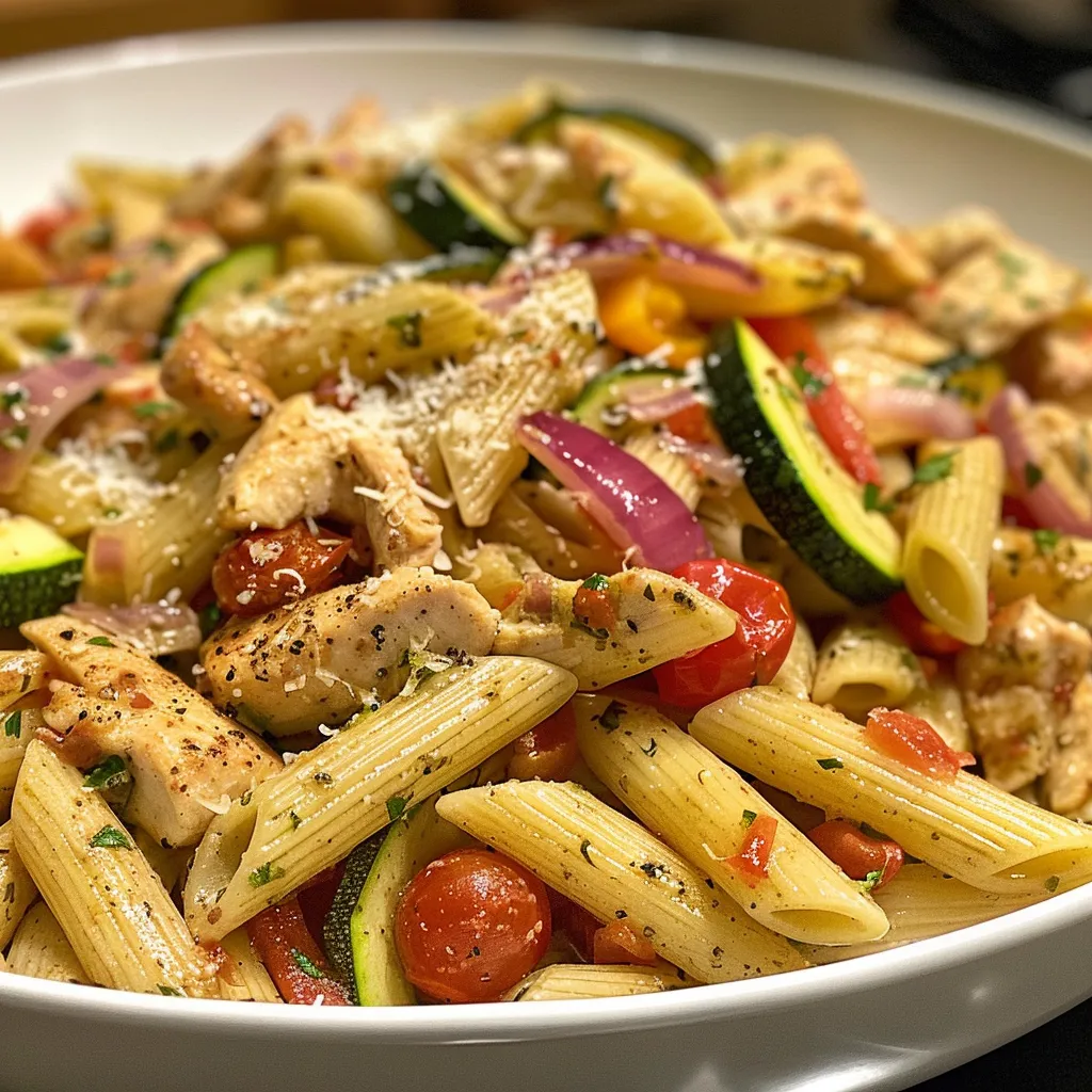 Side view of a delicious Chicken and Vegetable Pasta dish featuring sliced chicken and fresh vegetables.