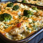 Close-up of a creamy Chicken Broccoli Rice Casserole with melted cheese on top.