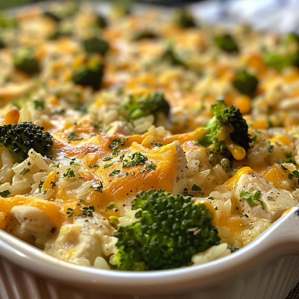 Side view of Chicken Broccoli Rice Casserole showcasing layers of chicken, broccoli, and rice.