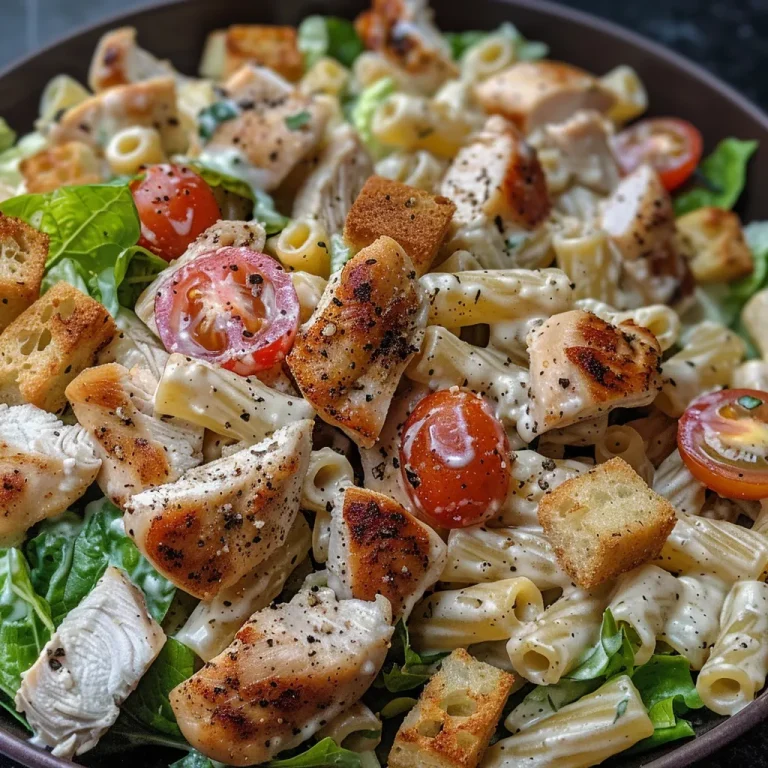 Close-up of a Chicken Caesar Pasta Salad featuring rotini pasta, grilled chicken, and vibrant vegetables.