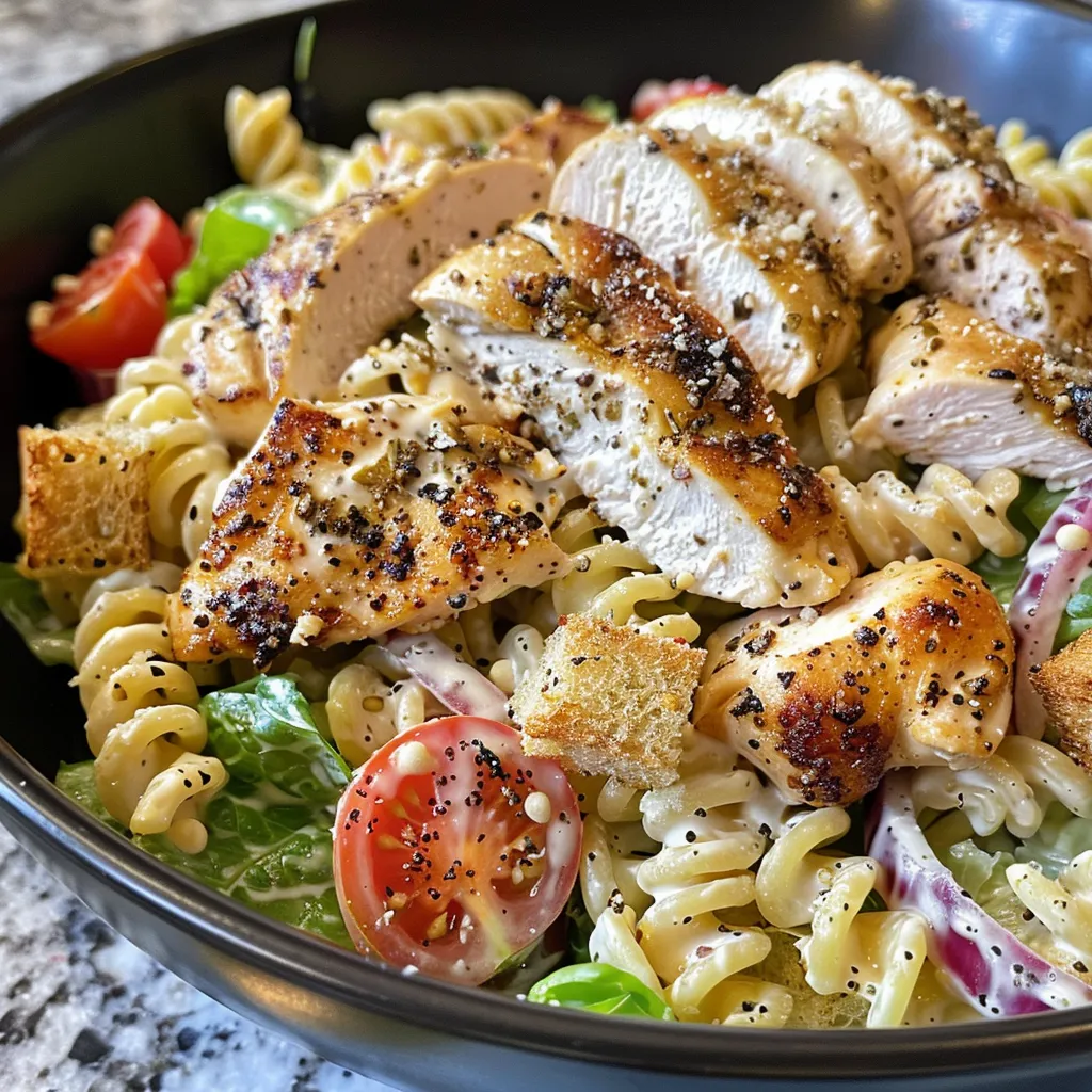 A side view of a Chicken Caesar Pasta Salad with chicken, lettuce, and cherry tomatoes displayed on a plate.
