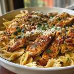 Close-up of creamy Chicken Garlic Parmesan Pasta with chicken and herbs.