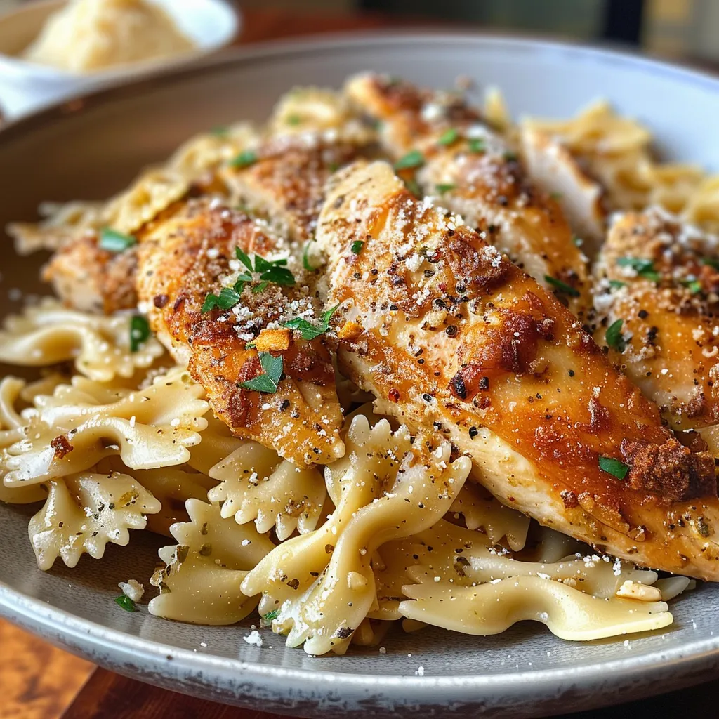 Juicy chicken pieces in a rich garlic parmesan sauce, served with pasta.