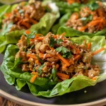 Close-up view of juicy chicken lettuce wraps filled with colorful vegetables.