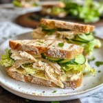 A close-up side view of a juicy Chicken Mayo Sandwich on a plate.