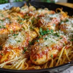 Close-up view of a plate of Chicken Parmesan Pasta with juicy chicken pieces and melted cheese.