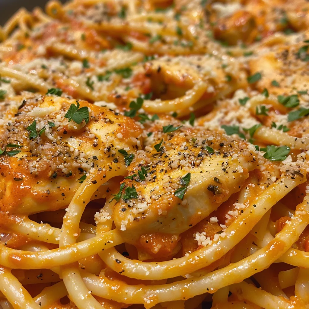 Side view of Chicken Parmesan Pasta, highlighting the creamy sauce and fresh parsley garnish.