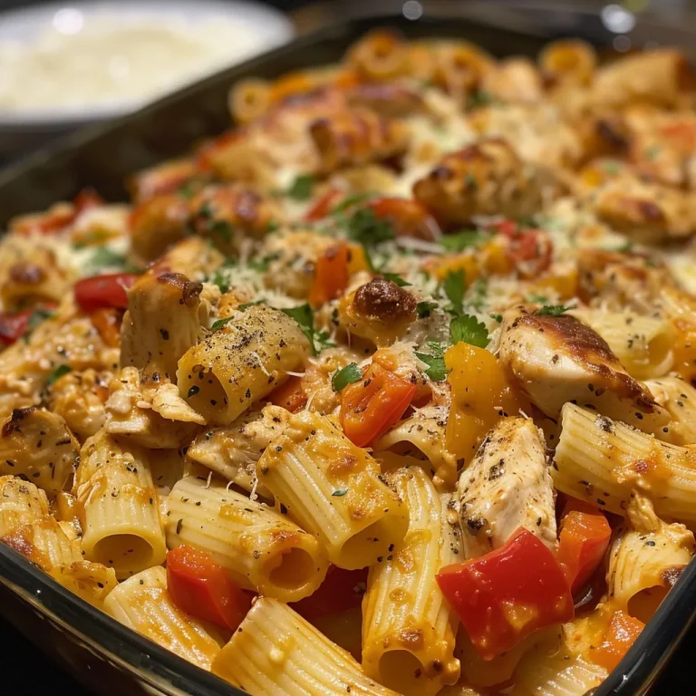A Cozy Chicken Pasta Bake A Heartwarming Family Feast Close-up view of a cheesy chicken pasta bake topped with golden mozzarella and cheddar.