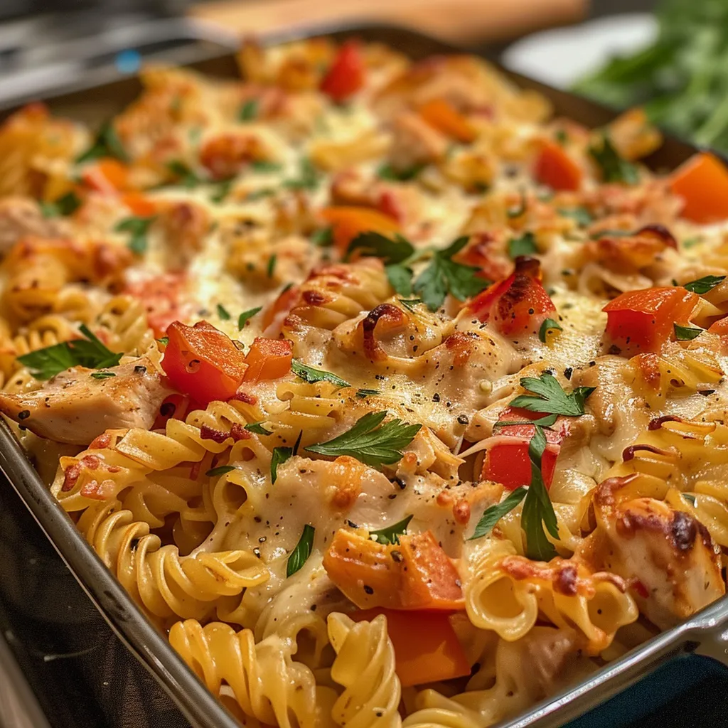 Succulent chicken pasta casserole with a creamy sauce, visible bell peppers, and melted cheese.