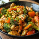 A close-up view of Chicken Stir Fry with colorful vegetables.