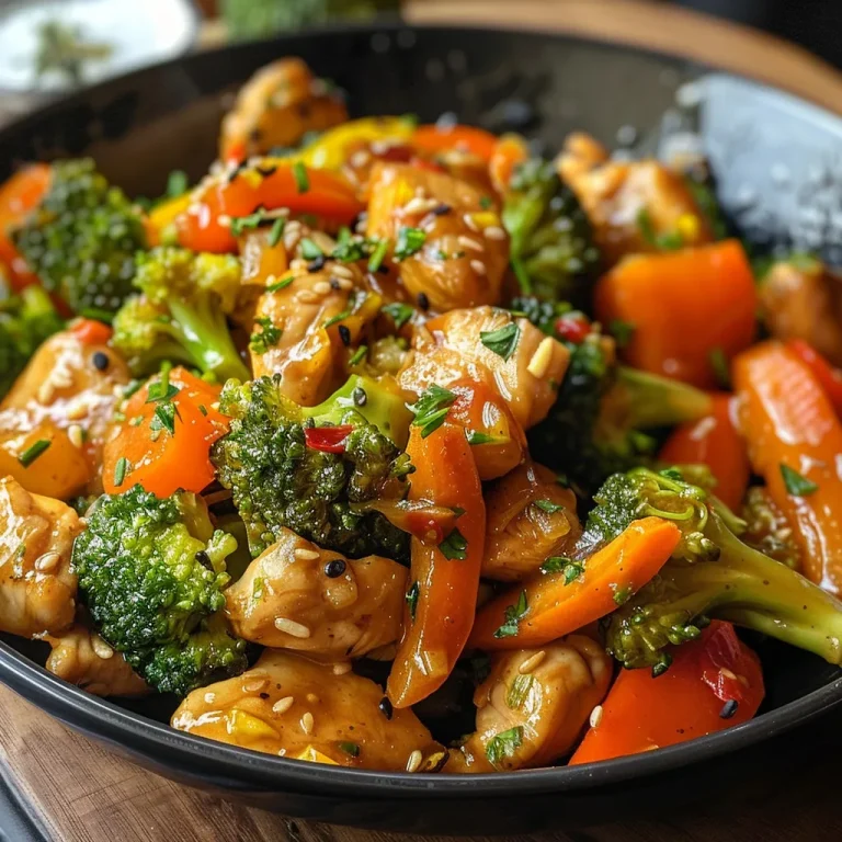 A Colorful Chicken Stir Fry that Dances on Your Plate A close-up view of Chicken Stir Fry with colorful vegetables.