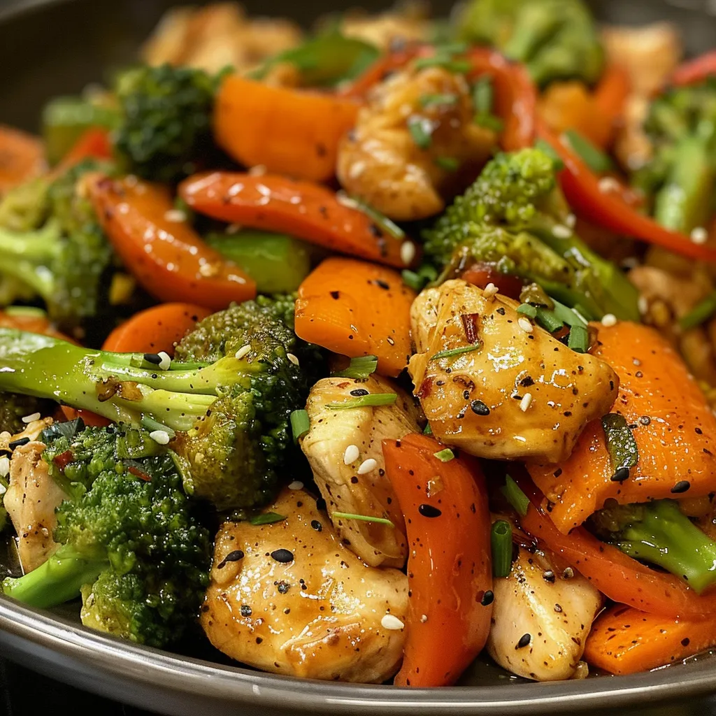 Side view of a vibrant Chicken Stir Fry featuring broccoli, carrots, and bell peppers.