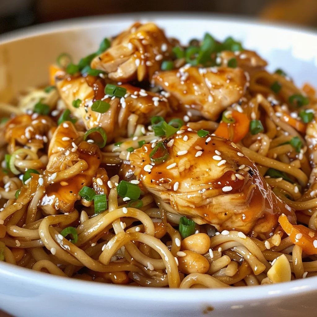 Juicy chicken teriyaki noodles with colorful broccoli, carrots, and red bell peppers.