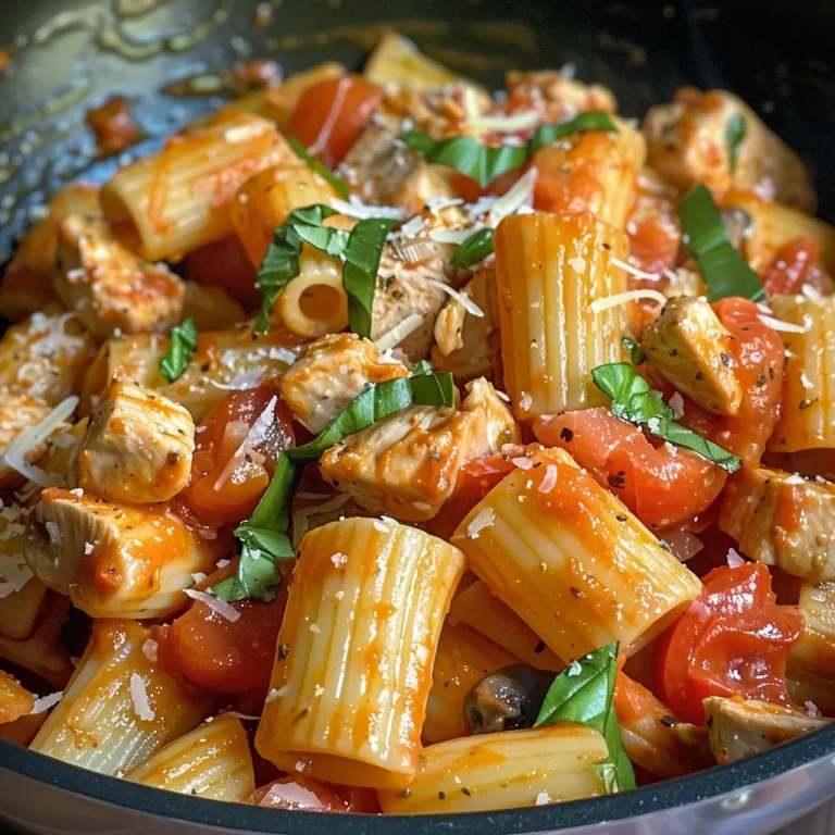 A close-up view of a bowl of Chicken Tomato Pasta garnished with spinach and Parmesan.