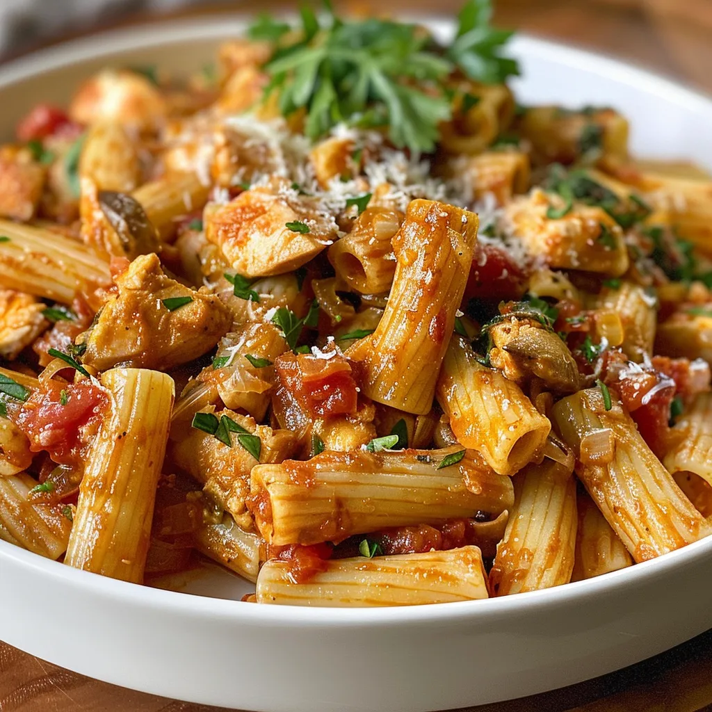 Juicy Chicken Tomato Pasta with sliced mushrooms and vibrant colors in a side view arrangement.