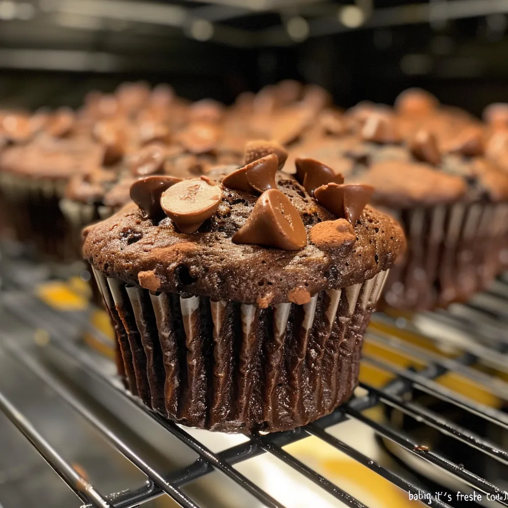 A deliciously baked chocolate banana muffin displayed in a side view, highlighting its fluffy texture and chocolate pieces.
