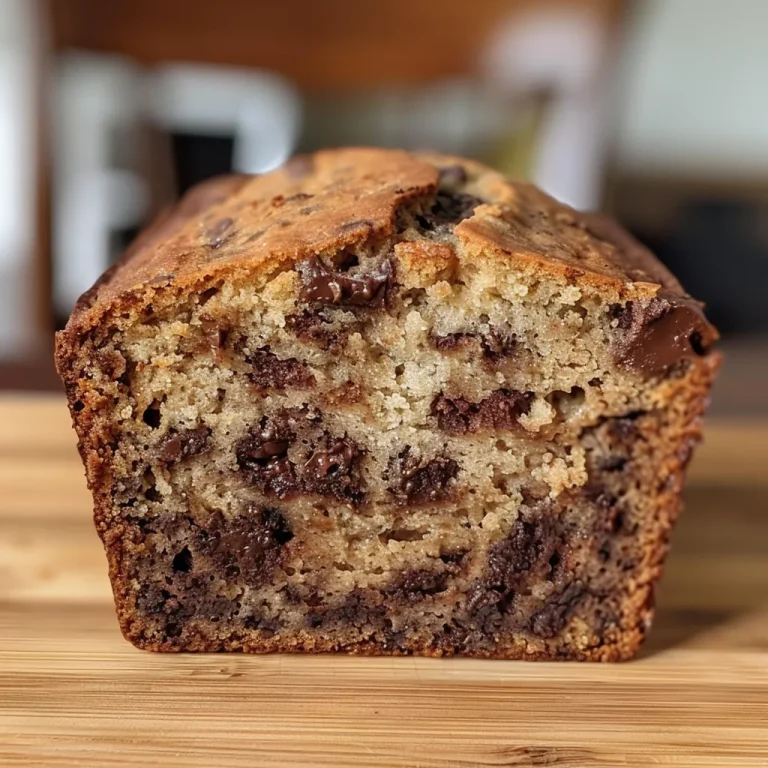 Close-up view of a slice of chocolate chip banana bread, showcasing melted chocolate chips and a moist texture.
