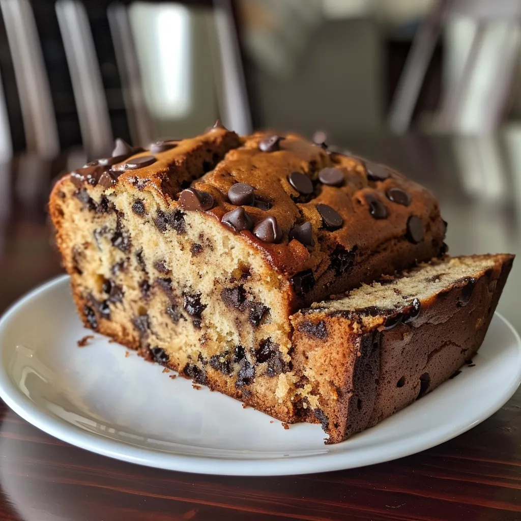 Side view of a loaf of chocolate chip banana bread, highlighting its golden crust and chocolate chunks.