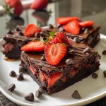 A close-up view of a delicious chocolate covered strawberry brownie, showcasing juicy strawberries and rich chocolate coating.