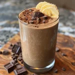 Close-up of a creamy chocolate peanut butter banana smoothie in a glass.