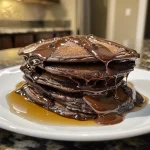Close-up of fluffy chocolate protein pancakes stacked on a plate.