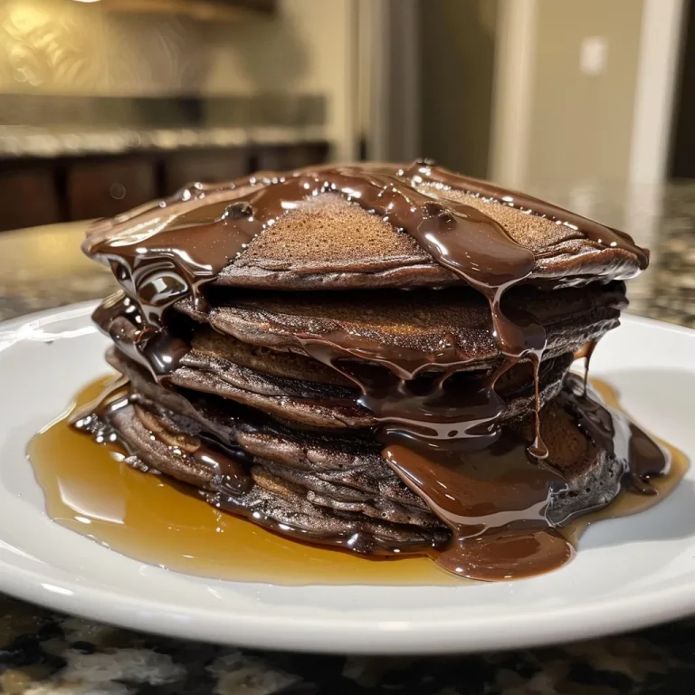 Close-up of fluffy chocolate protein pancakes stacked on a plate.