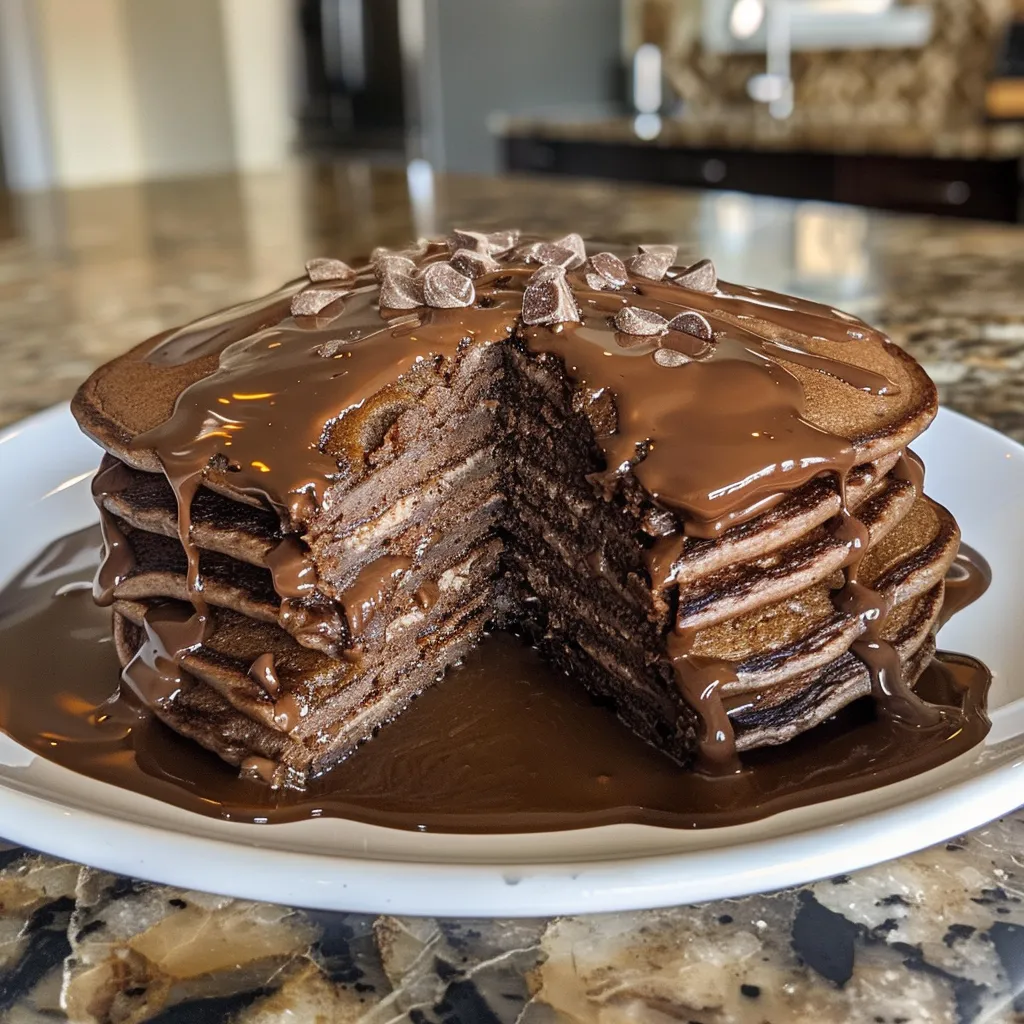 Side view of a delicious chocolate protein pancake with a chocolate drizzle.