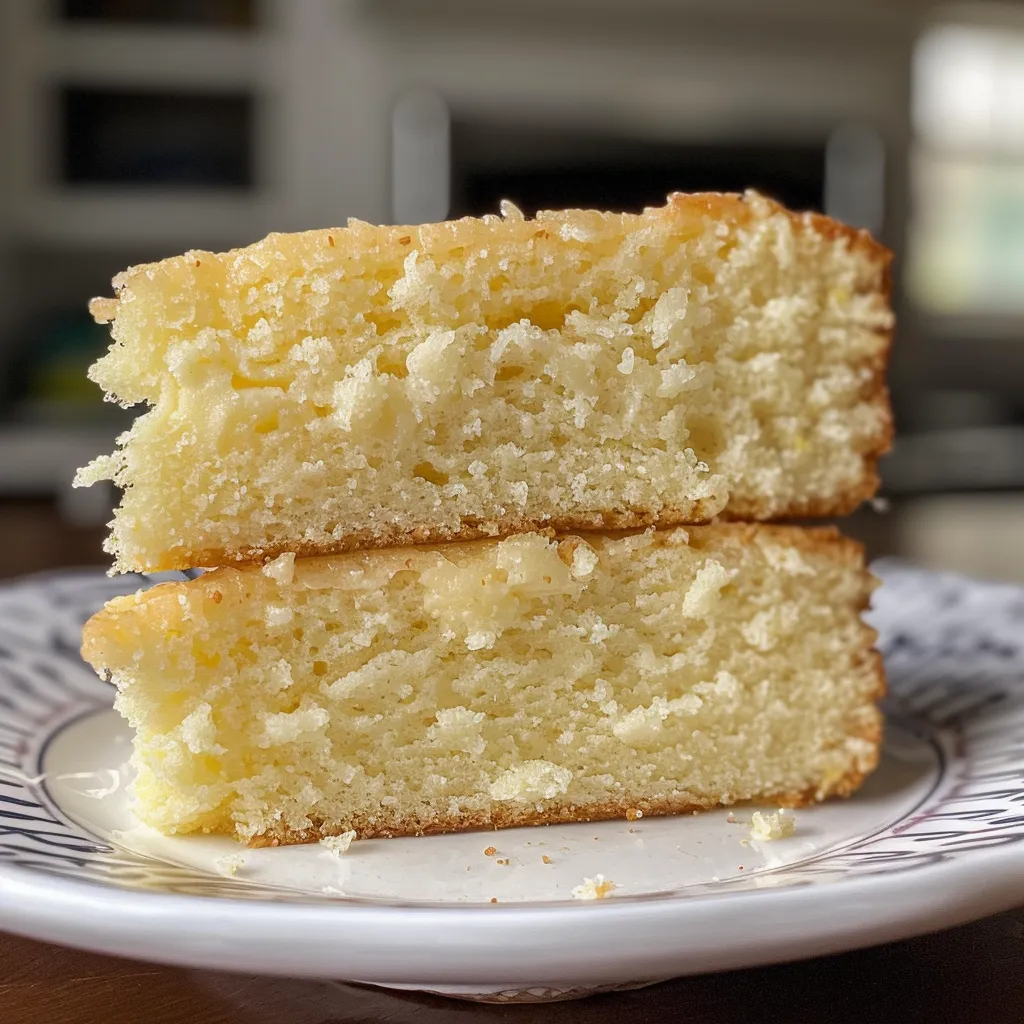 Slice of classic vanilla butter cake displayed on a plate, glistening with a buttermilk sauce.