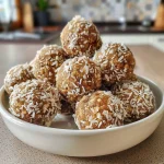 Close-up view of Coconut Date Balls, showcasing their texture and coating of shredded coconut.
