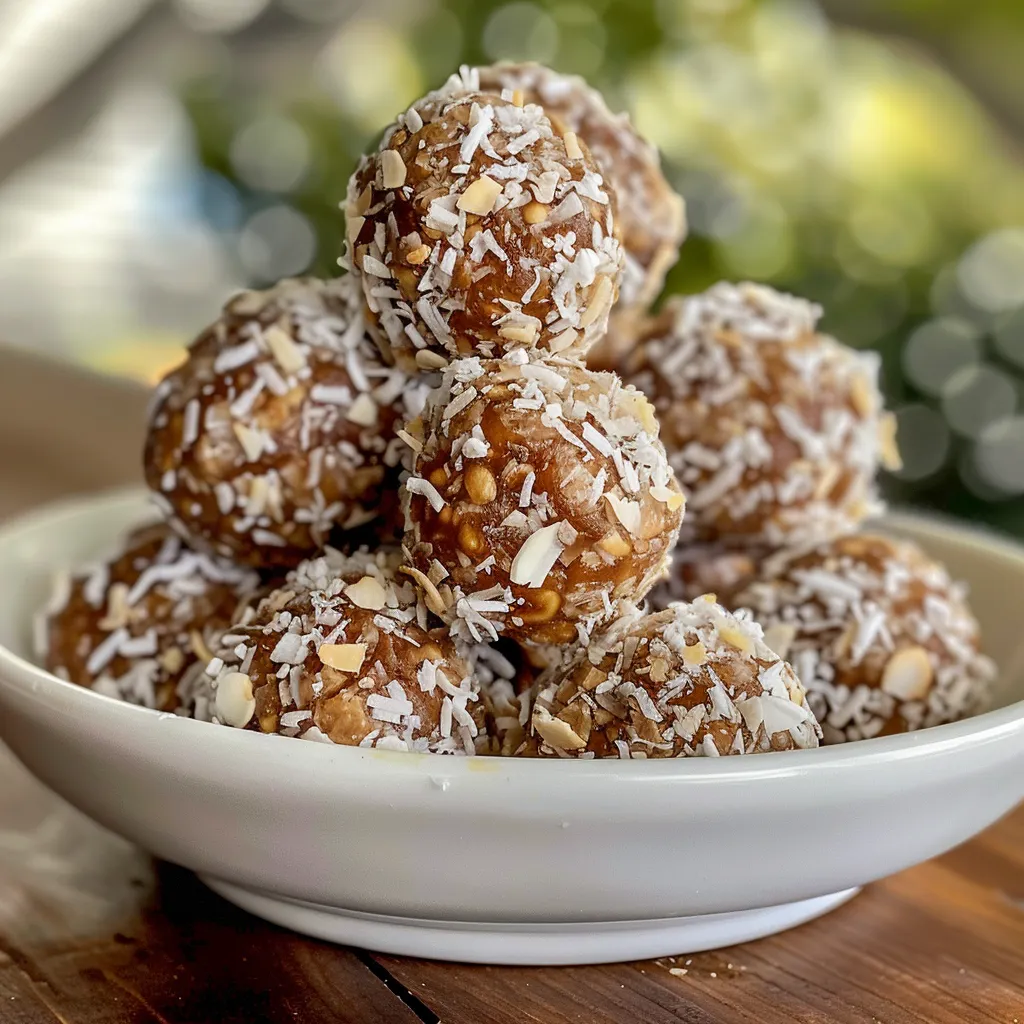 Side angle of Coconut Date Balls highlighting the glossy surface and natural ingredients.