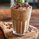 Close-up view of a creamy coffee milkshake topped with whipped cream and chocolate shavings.