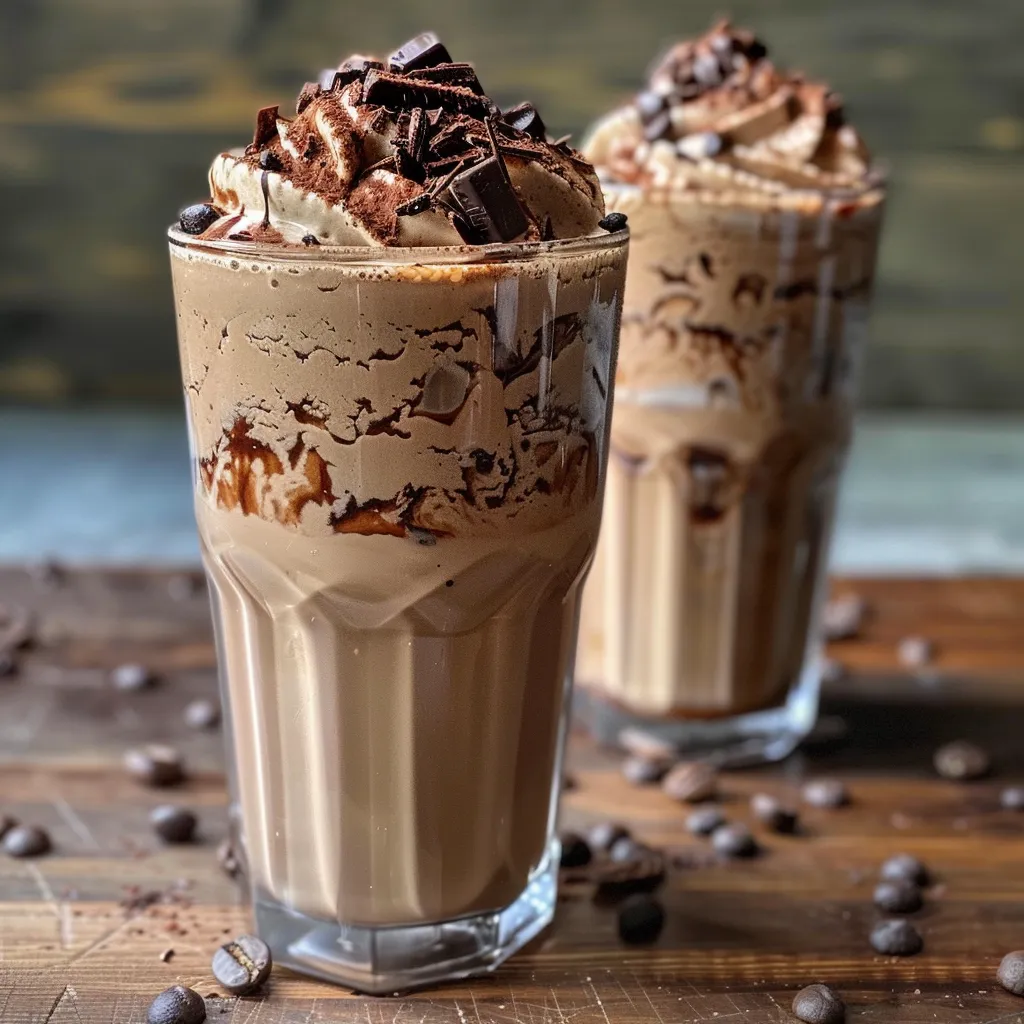 Side photo of a delicious coffee milkshake in a glass with fudge sauce drizzled on top.