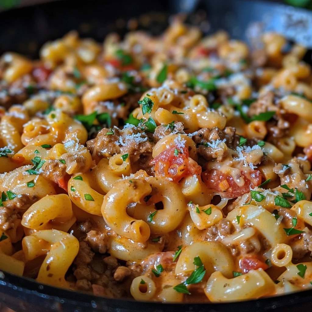 Juicy ground beef mixed with elbow macaroni in a rich creamy sauce, garnished with parsley.