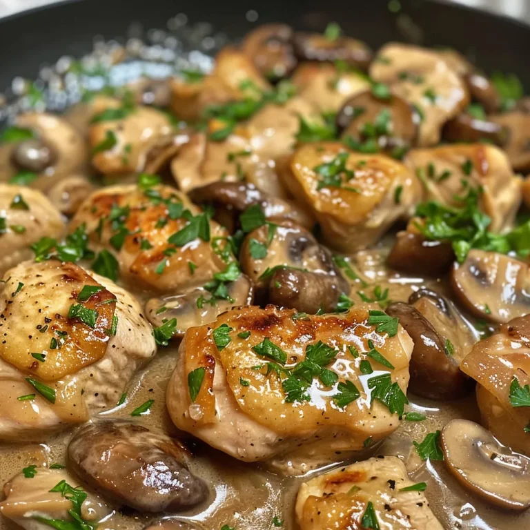 A close-up view of creamy chicken and mushrooms in a skillet.