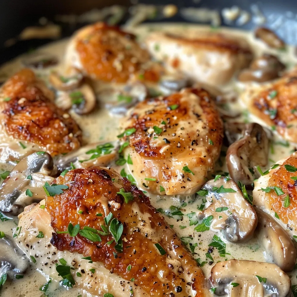 Juicy cooked chicken breasts with mushrooms in a creamy sauce.