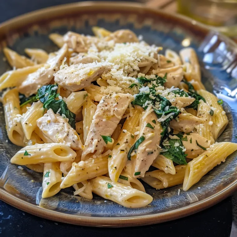 A Whimsical Dance of Creamy Chicken and Spinach Pasta That Will Brighten Your Dinner Table Close-up side view of creamy chicken spinach pasta with fresh spinach and a sprinkle of parmesan.