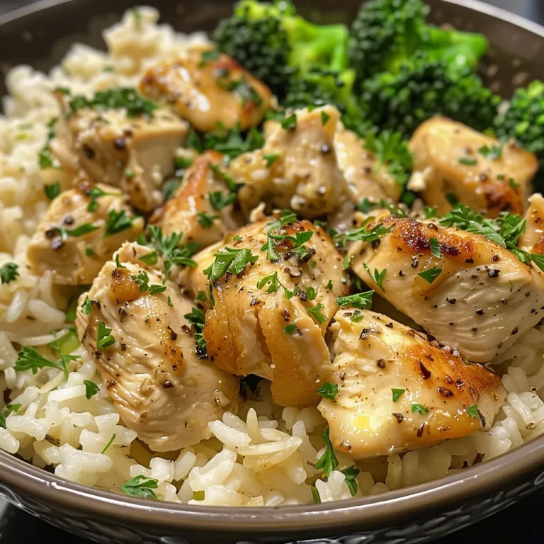 Close-up of creamy garlic chicken rice bowl with broccoli.