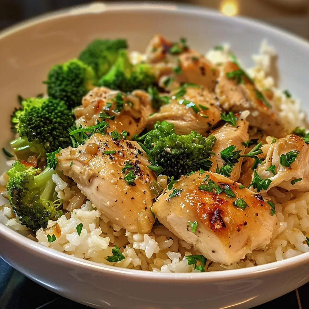 Juicy chicken pieces in a creamy sauce served over rice.